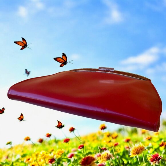 Perry Ellis Red Leather Vintage Clutch Handbag Chrome Croc Print Italy - Picture 6 of 15